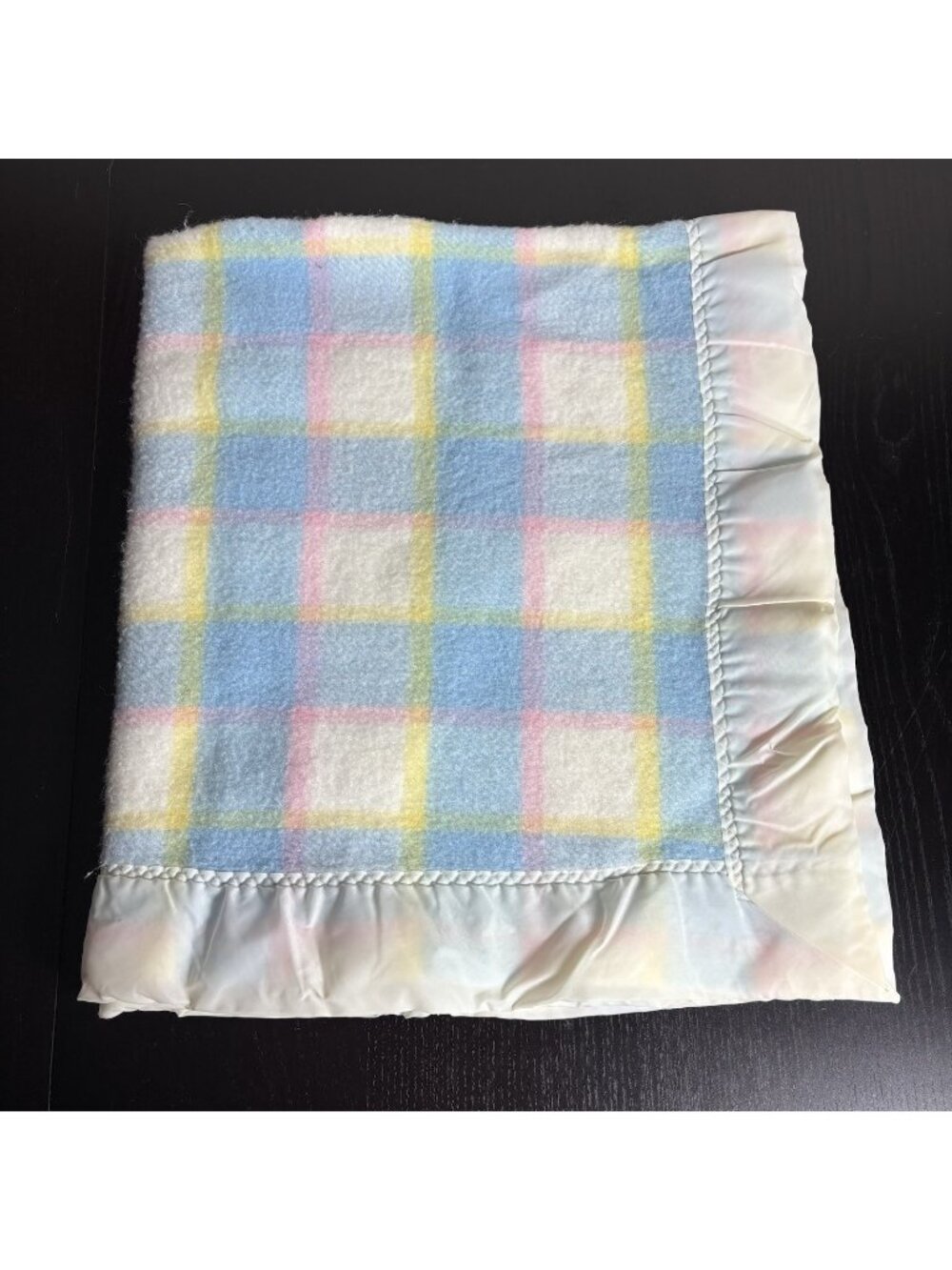 Vintage 80s QUILTEX Baby Blanket Blue/Multi Plaid Acrylic Fleece Nylon Binding
